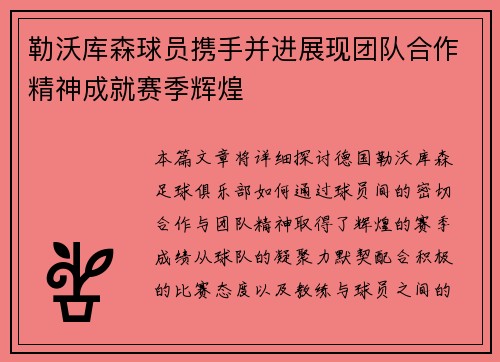 勒沃库森球员携手并进展现团队合作精神成就赛季辉煌