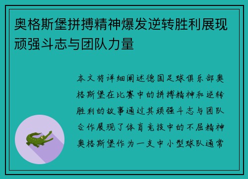 奥格斯堡拼搏精神爆发逆转胜利展现顽强斗志与团队力量