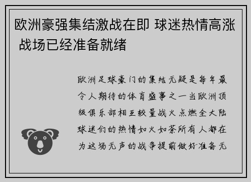 欧洲豪强集结激战在即 球迷热情高涨 战场已经准备就绪