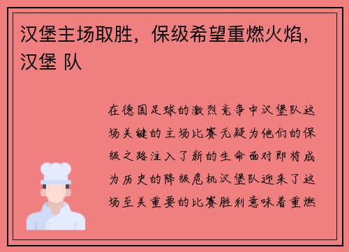 汉堡主场取胜，保级希望重燃火焰，汉堡 队