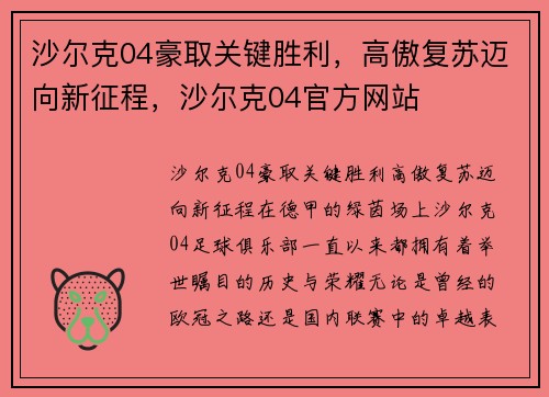 沙尔克04豪取关键胜利，高傲复苏迈向新征程，沙尔克04官方网站