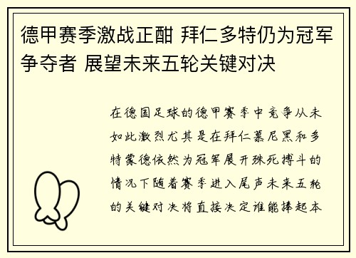 德甲赛季激战正酣 拜仁多特仍为冠军争夺者 展望未来五轮关键对决