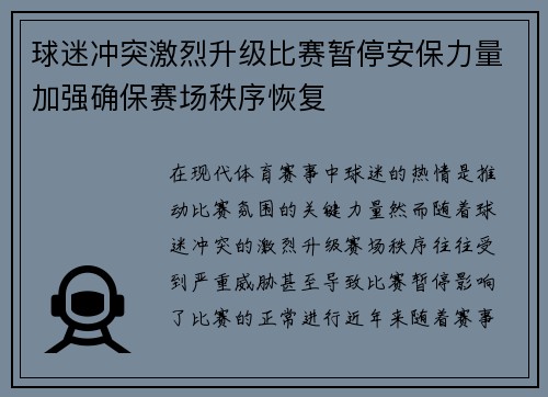 球迷冲突激烈升级比赛暂停安保力量加强确保赛场秩序恢复