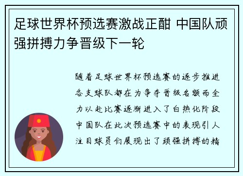 足球世界杯预选赛激战正酣 中国队顽强拼搏力争晋级下一轮
