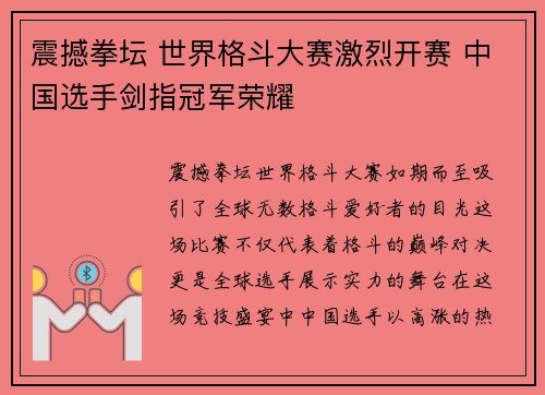 震撼拳坛 世界格斗大赛激烈开赛 中国选手剑指冠军荣耀