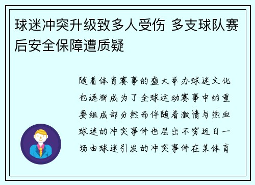 球迷冲突升级致多人受伤 多支球队赛后安全保障遭质疑